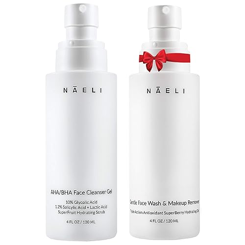 NAELI Limpiador facial suave y exfoliante AHA/BHA, juego antienvejecimiento para iluminar, minimizar los poros y reducir las arrugas, regalo de