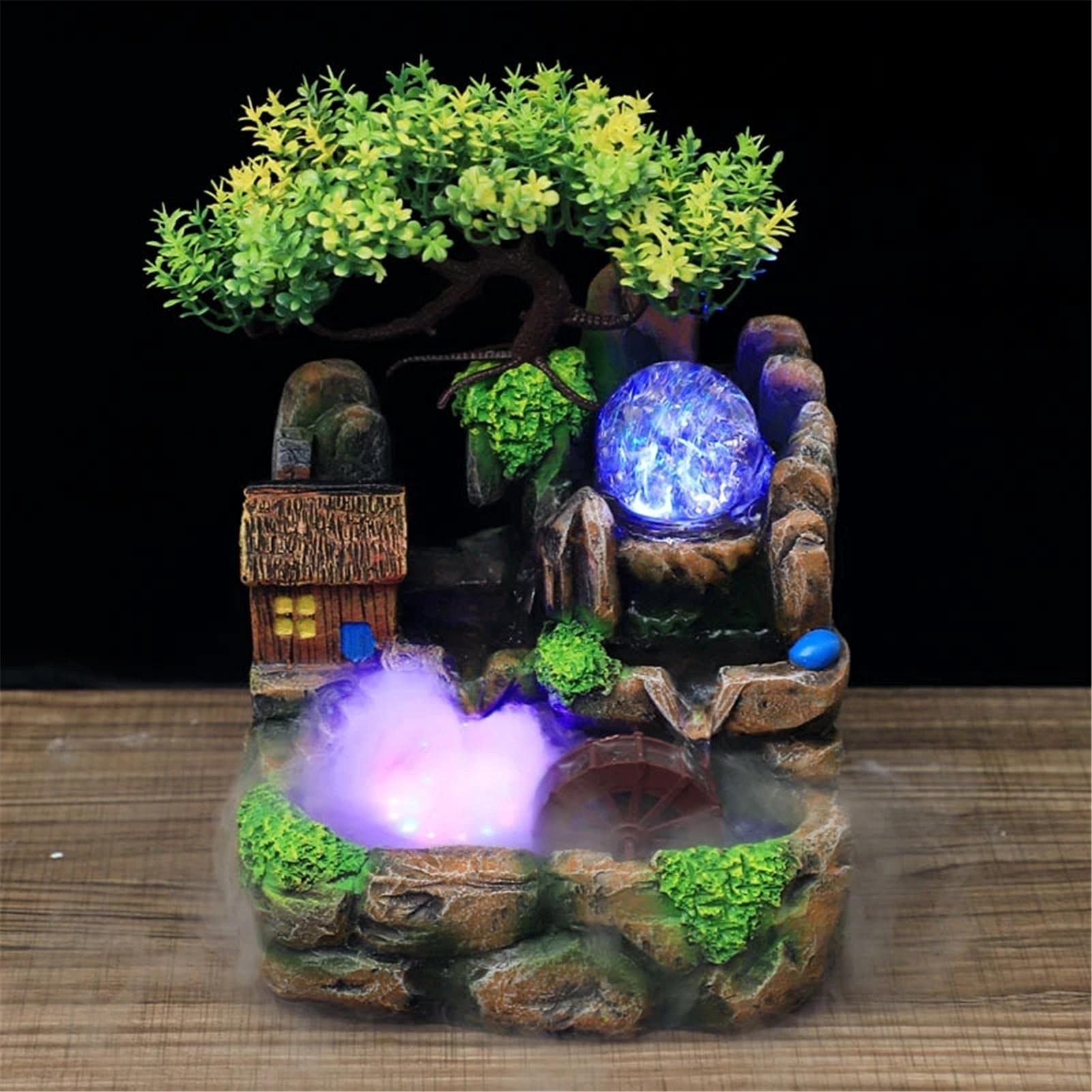 Fuente de mesa decorativa para interior, fuente de agua con cascada, de resina, diseño de árbol, con iluminación LED, Feng Shui Zen, decoración para salón, dormitorio, oficina, 20 x 16 x 27 cm