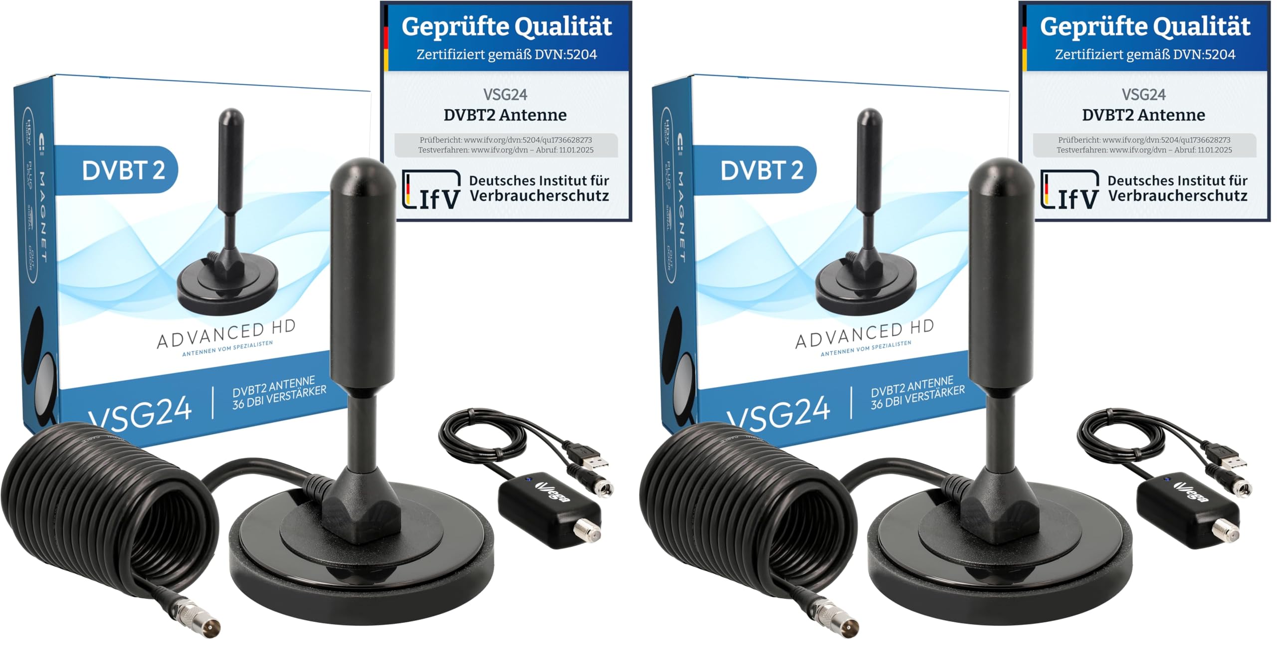 VSG24 DVBT2 Antenne mit Verstärker 36Dbi+ HDTV Zimmerantenne für Fernseher, max. Signalqualität durch ALU-Kern, 5m Kabel DVB-T2 Antenne Fernseher freenet tv innen außen (Packung mit 2)