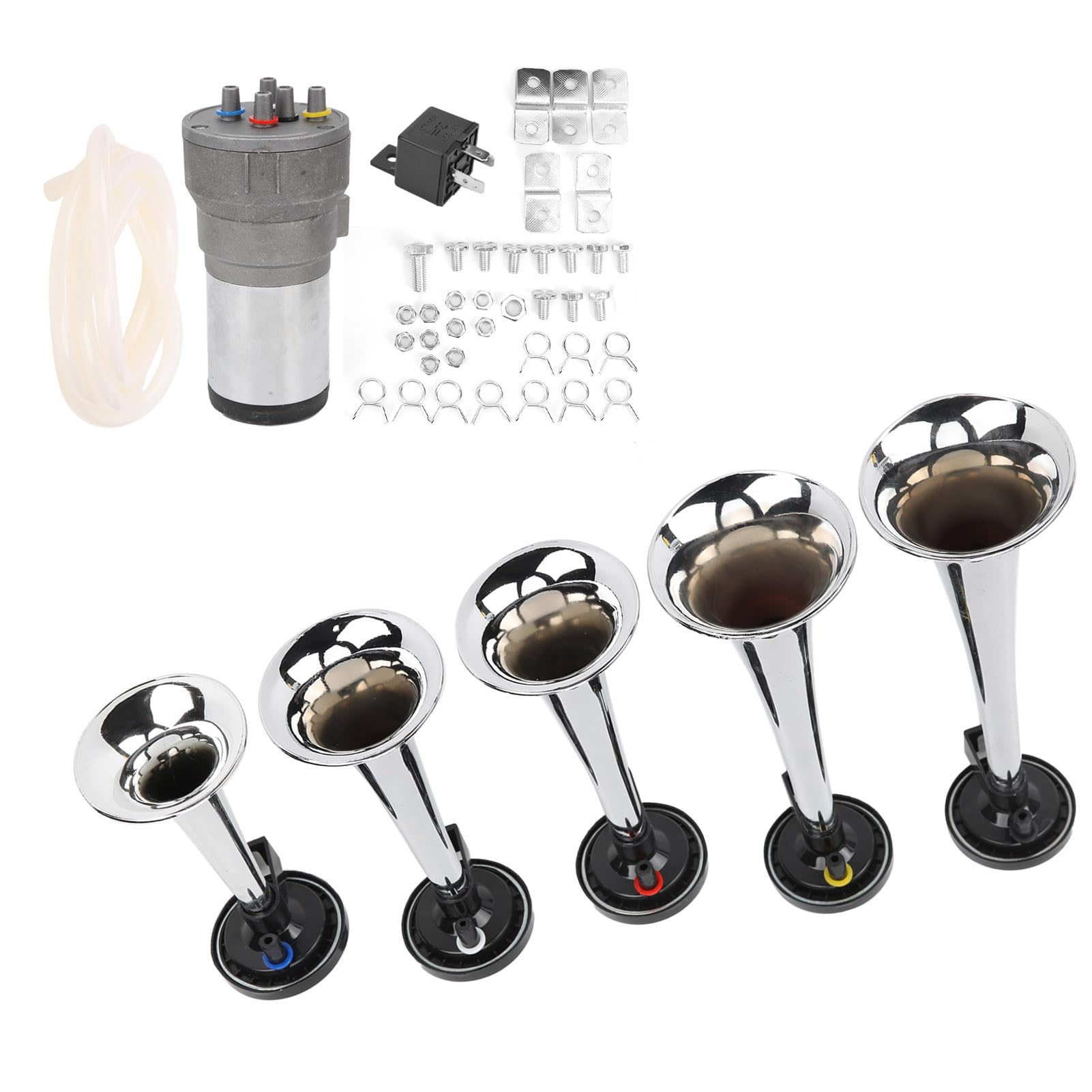 Jiawu Zestaw Trąbek Powietrznych Samochodu 12 V 5 Rogów Chrome Zestaw Sprężarek do Ciężarówki Pociąg Statek Van Głośny Dźwięk Muzyczny Heavy Duty ABS