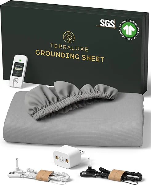 Terraluxe Grounding Sheets Queen, 12% Pure Silver, Organic Cotton, GOTS Certified, Cool, Soft, Fitted Earthing Sheets with Deep Pockets, Includes Tester, Adapter, 2 Cords, Connected Bedding