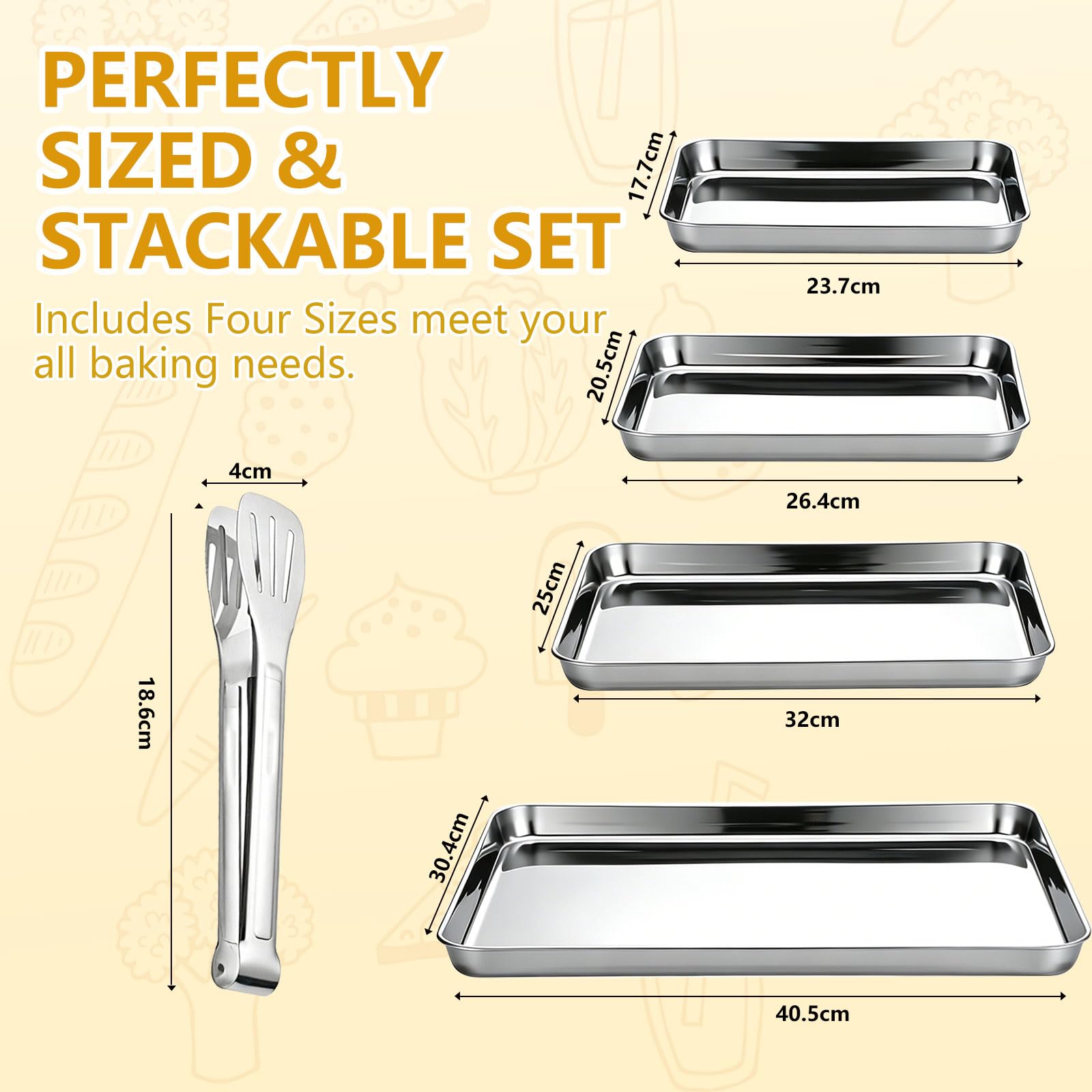 Set di 4 teglie da forno con clip da forno, in acciaio inox, facili da pulire, rettangolari, per cuocere o arrostire, lavabili in lavastoviglie