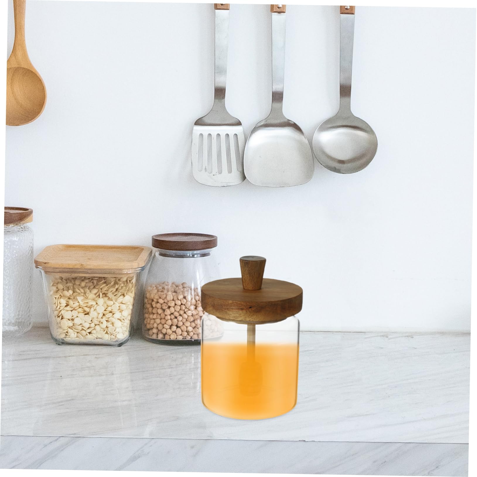 CONGARTENO Honey Pot Honey Jar Honey Dispenser Syrup Jar Honey Dipper Syrup Dispenser Tea Container Honey Storage Container Glass Jar Small Honey Container Jars with Lids Wood Transparent