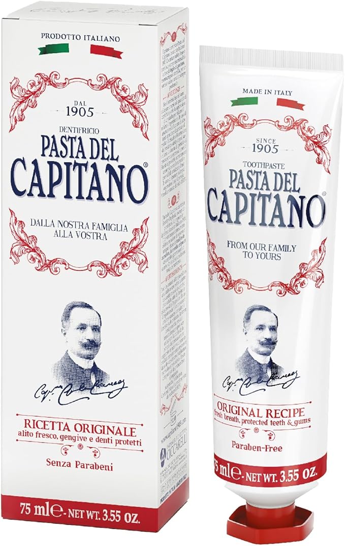 Pasta del Capitano 1905, Pasta de Dientes Receta Original, para una Sonrisa Segura y Perfumada, Sabor Inconfundible a Base de Clavo, Menta Crispa y Canela, 100% Made in Italy, Tubo de 75 ml