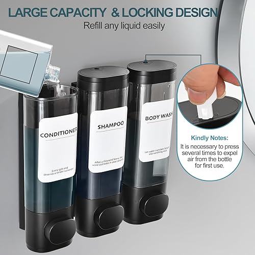 Miniatura 4 de Paquete de 3 dispensadores de champú y acondicionador, dispensador de jabón de ducha, 3 cámaras, sin taladro, para montaje en pared, juego de