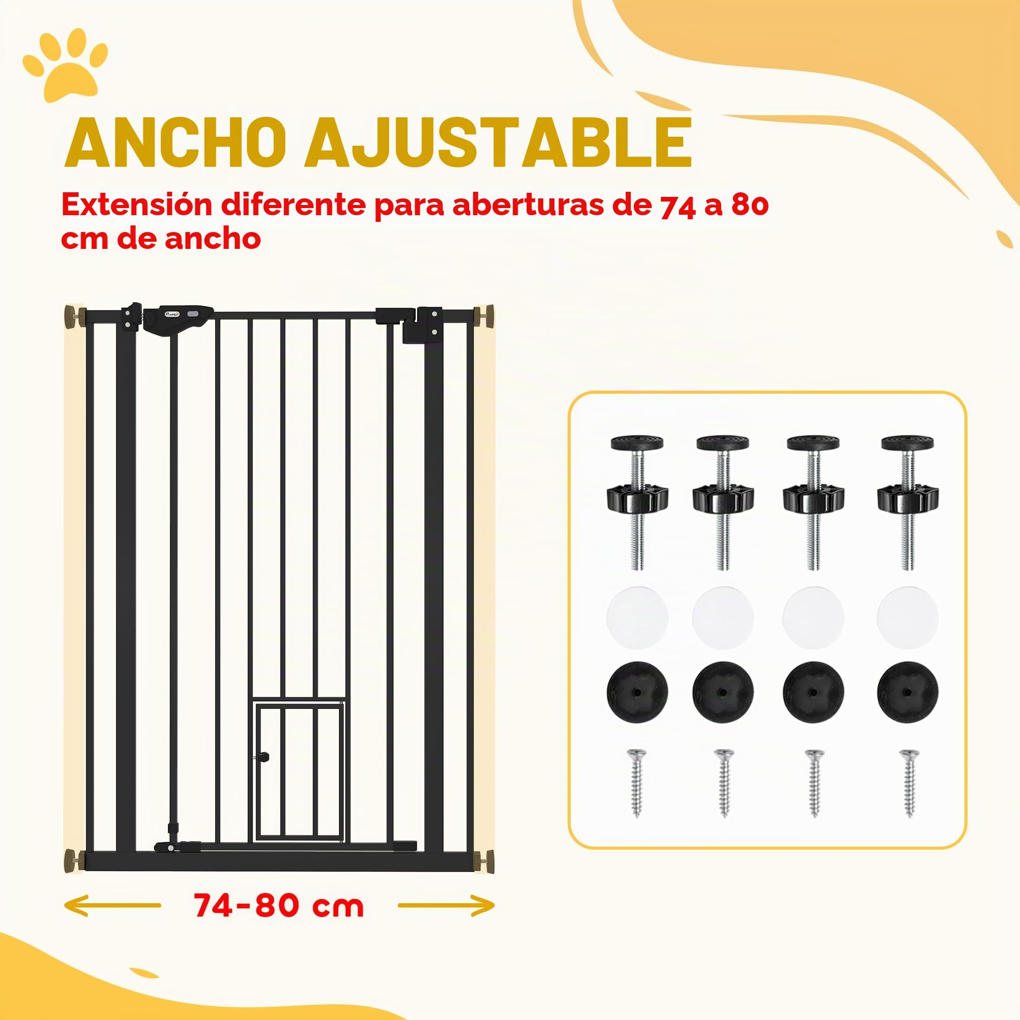 PawHut - Barrera de seguridad para animales de 104 cm, diseño alto, con puerta de gato, cierre automático, sistema de doble bloqueo sin perforación, 74 a 80 cm, acero negro | Diseño alto, cierre automático, sistema de bloqueo doble, sin perforación, acero
