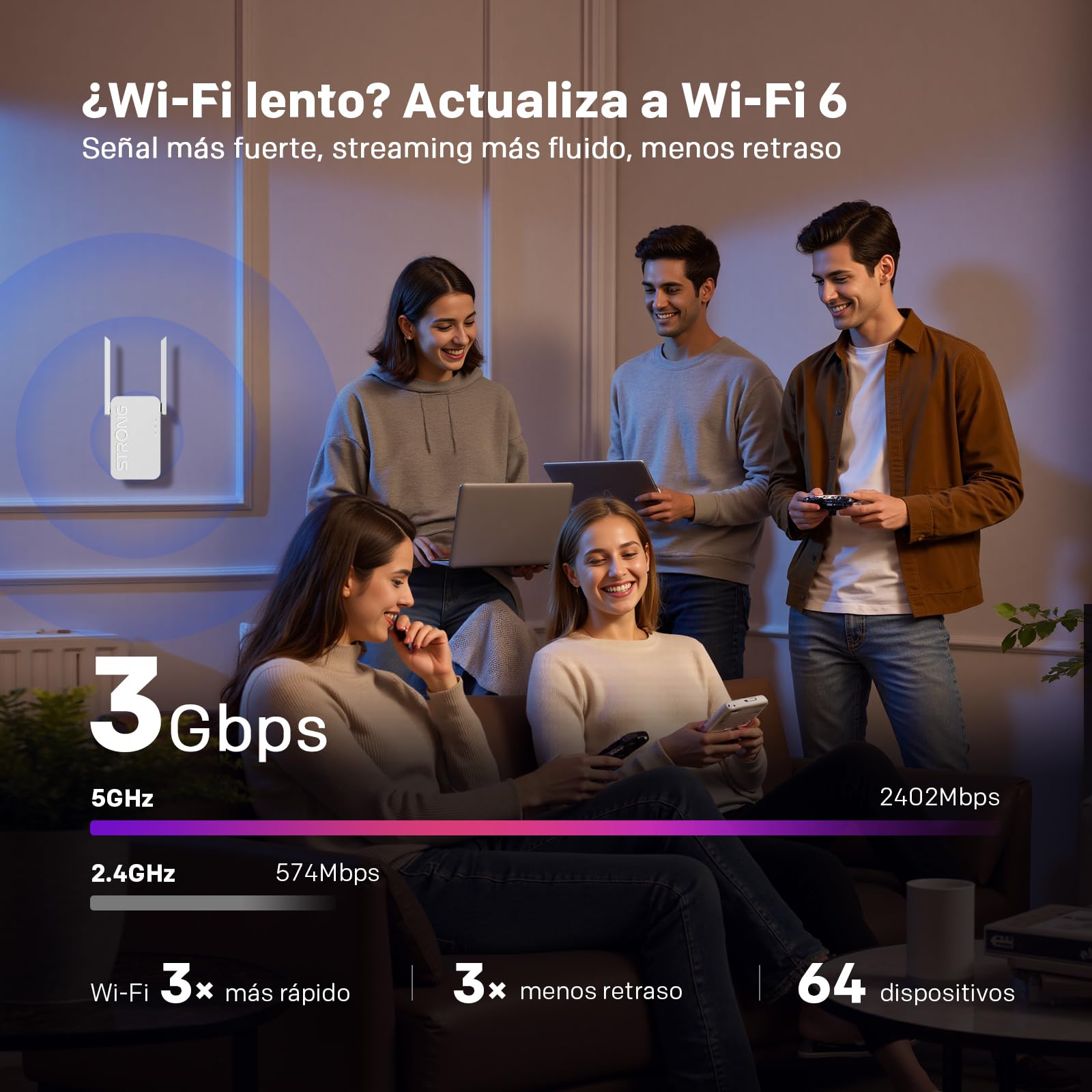 Strong Repetidor WiFi 6 AX3000 de Pared – Amplificador señal WiFi Potente Largo Alcance, Dual Band con Antenas externas, WiFi Extender para casa, Streaming y Gaming