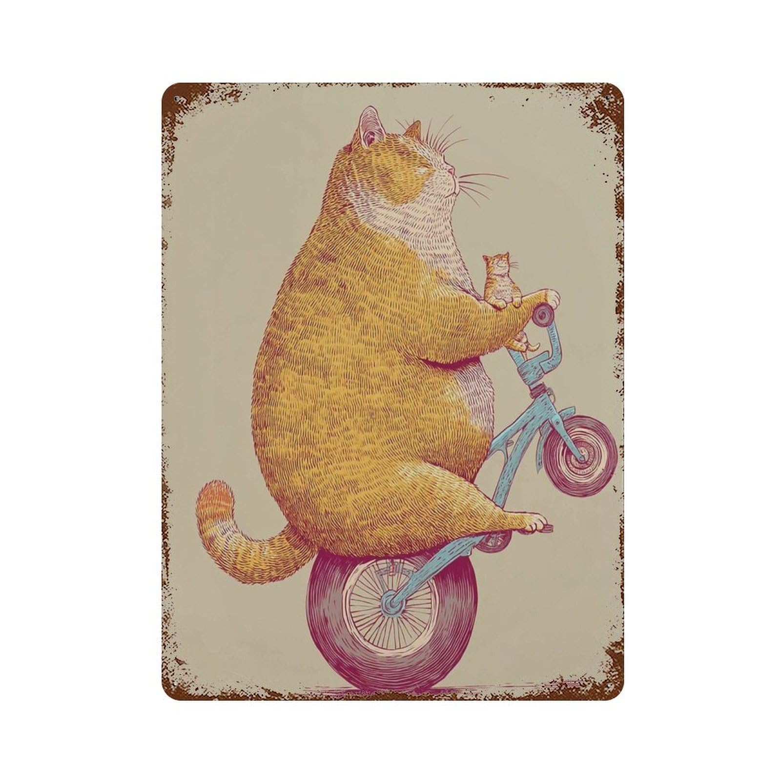 xiaoxiaoshen Funny Cat Chubby Unicycle Whimsical Animal Playful Orange Riding Bike Wall Decor Art Metal Tin Poster Modern Home Decor Art Home Bar Shop Decorations Vintage Sign 40x30cm