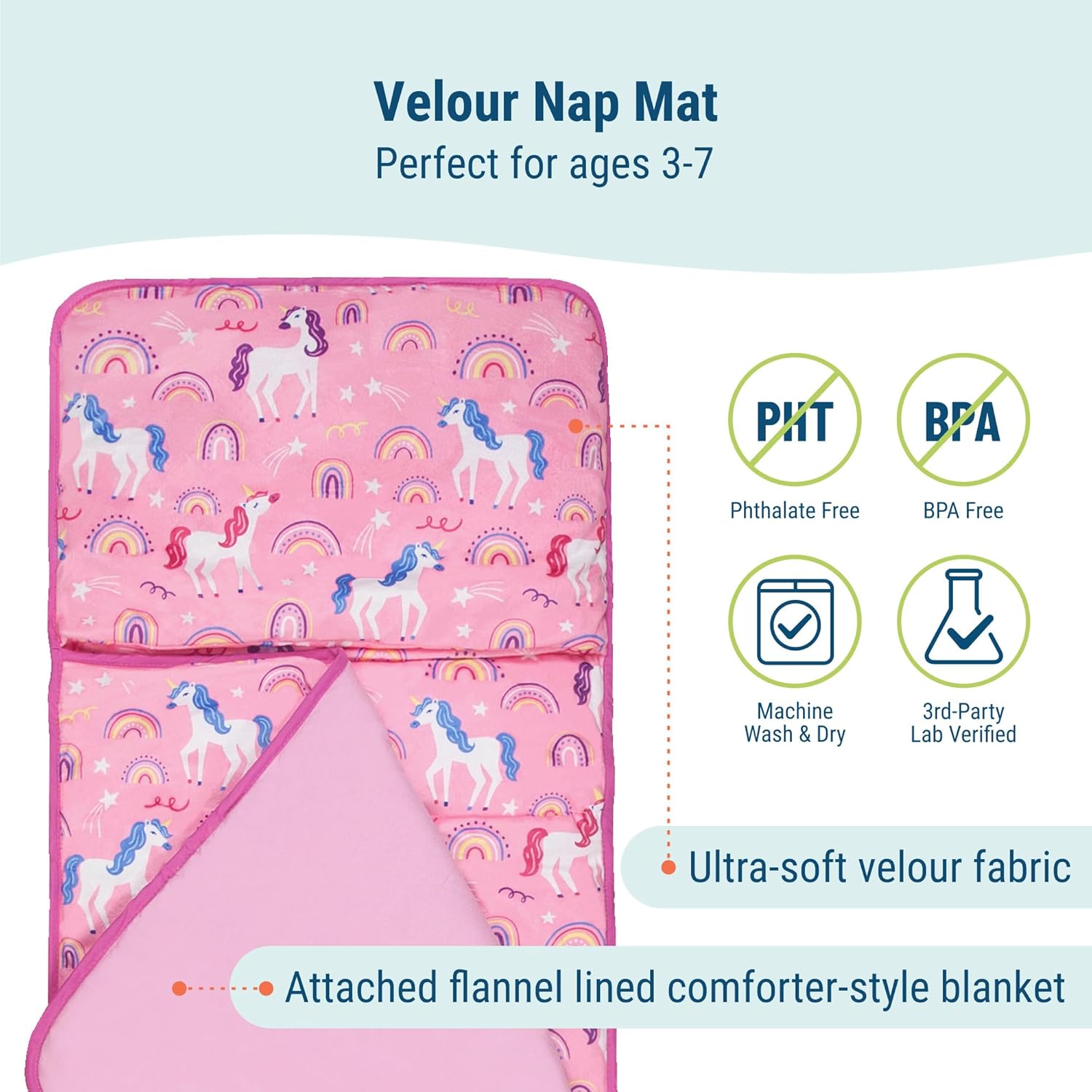 Wildkin Kids Velour Nap Mat – Soft, Cozy, Convenient for Daycare & Preschool – Rainbow Unicorns
