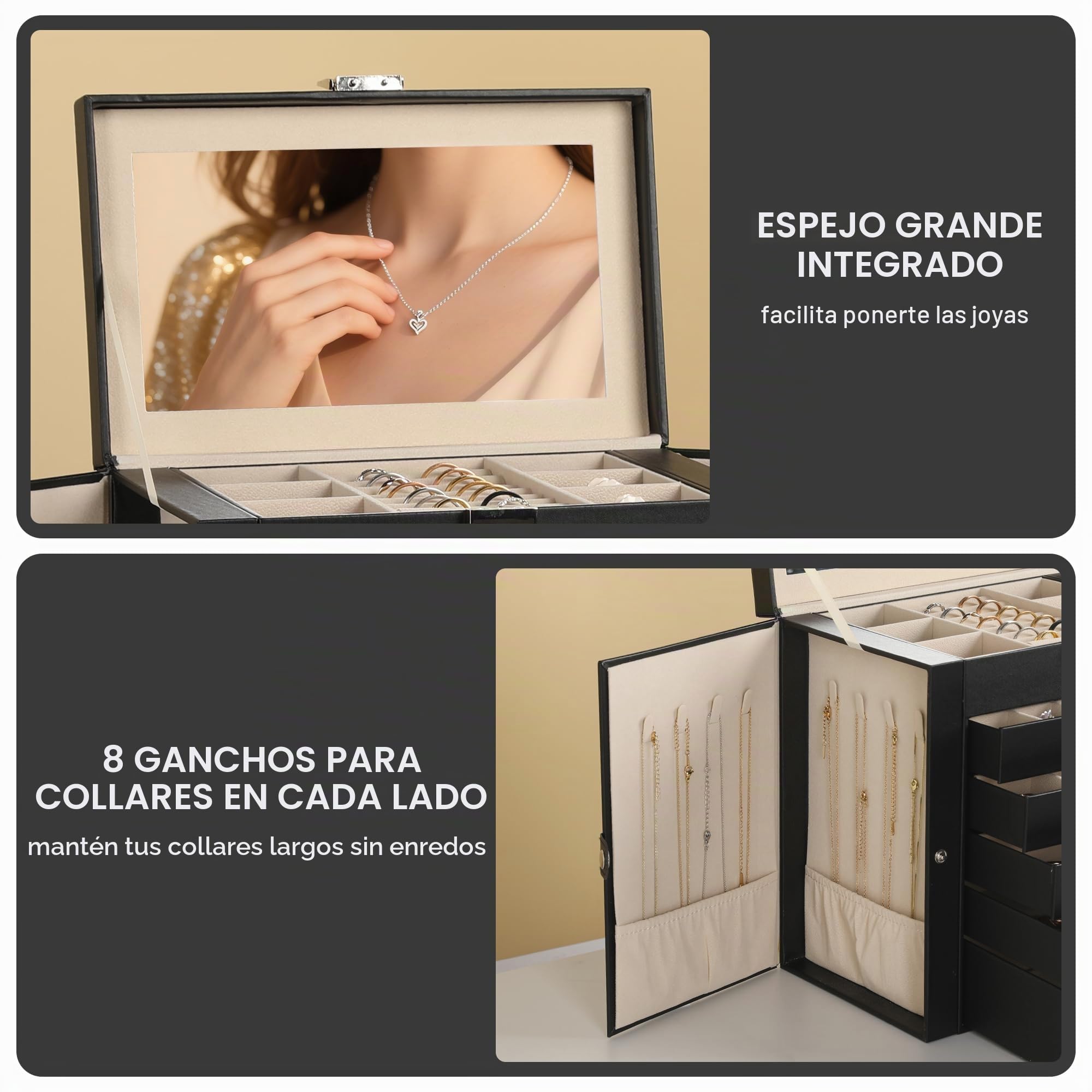 Frebeauty Caja de joyería grande, organizador de joyas de cuero sintético de 6 niveles con cerradura, funda de almacenamiento multifuncional con espejo, soporte de accesorios(Negro)
