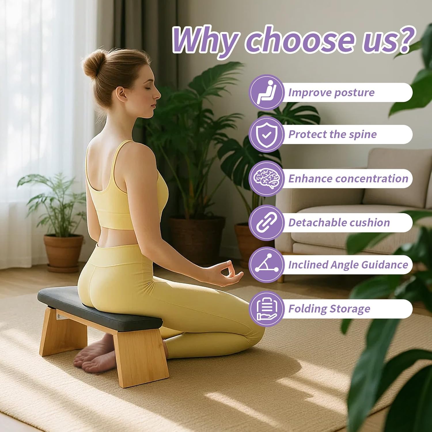 Bamboo Meditation Bench, Folding Meditation Stool with Velvet Cushion & Carry Bag, Seiza Prayer Stool, Kneeling Meditation Bench for Yoga, Mindfulness & Zen Practice