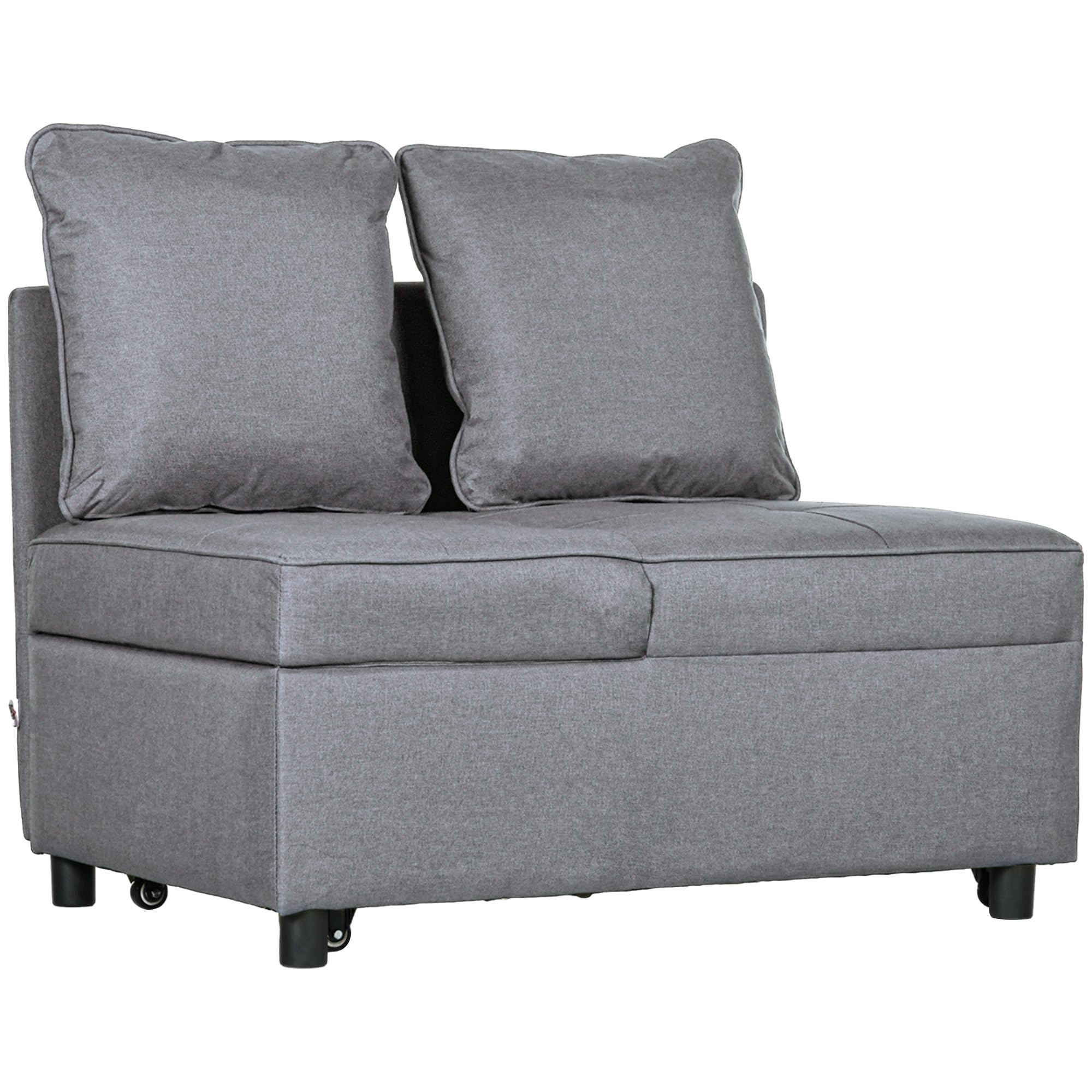 HOMCOM 3 in 1 Poltrona Letto Imbottita Reclinabile 98x71x67 cm Grigio Scuro | Schienale in 5 Posizioni, Cuscini, Divano Letto Una Piazza e Mezza, Tessuto Effetto Lino e Legno, per Soggiorno
