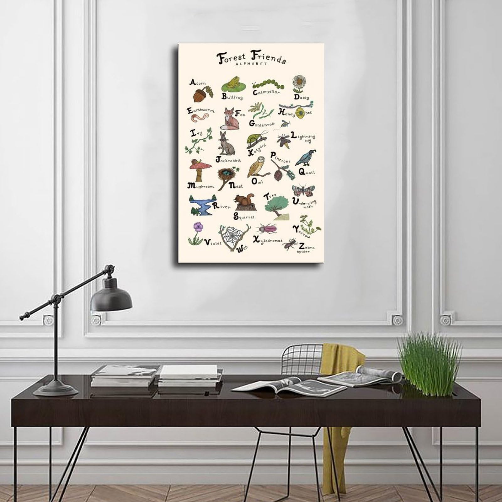 Lettres de l'alphabet de la forêt, animaux de la forêt, décoration éducative pour enfants, poster sur toile, décoration murale pour salon, chambre à coucher, 61 x 91,4 cm (L x l)