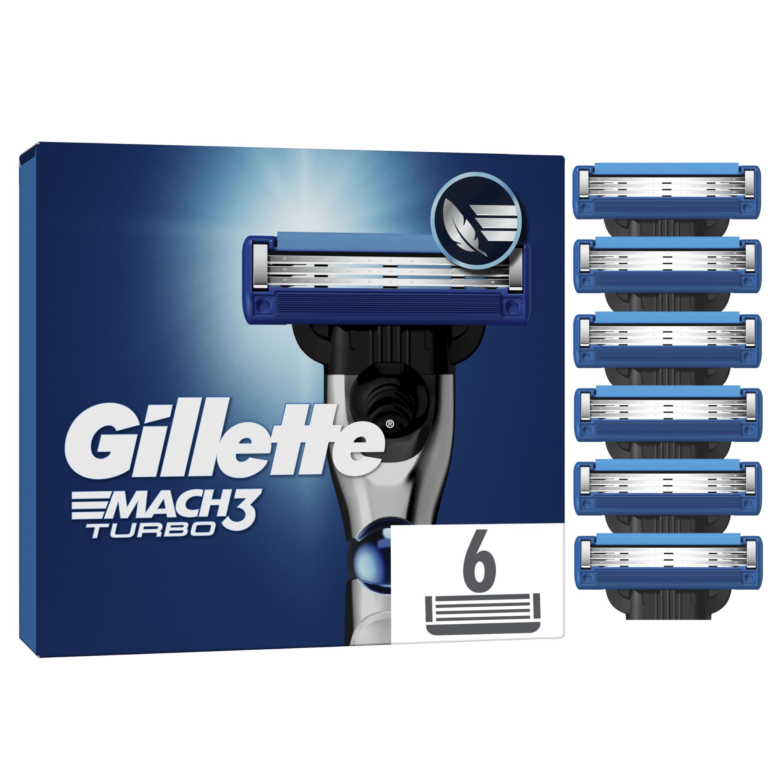 Gillette Lames de Rasoir Homme Mach 3 Turbo, Pack de 6 | Cartouche avec un Revêtement pour Réduire la Pression sur la Peau, en Acier Inoxydable, 1 Recharge Jusqu’à 15 Rasages