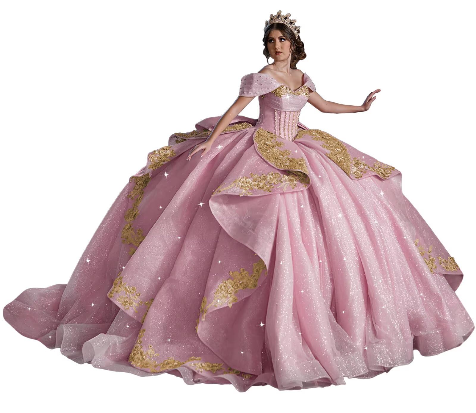 Mouccy Glitter Tulle Lace Quinceanera Dresses Off Shoulder Beaded Sweet 16 Dress Puffy Party Evening Ball Gown with Ruffles