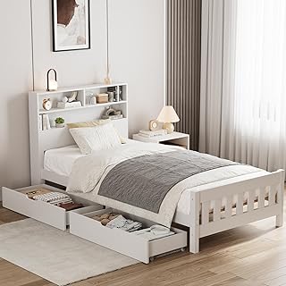 Aptliton Wooden Solid Bed Frame with Drawers, Single White Pine Storage Bed Furniture for Adults, Kids, Teenagers 3ft (White 190x90cm)