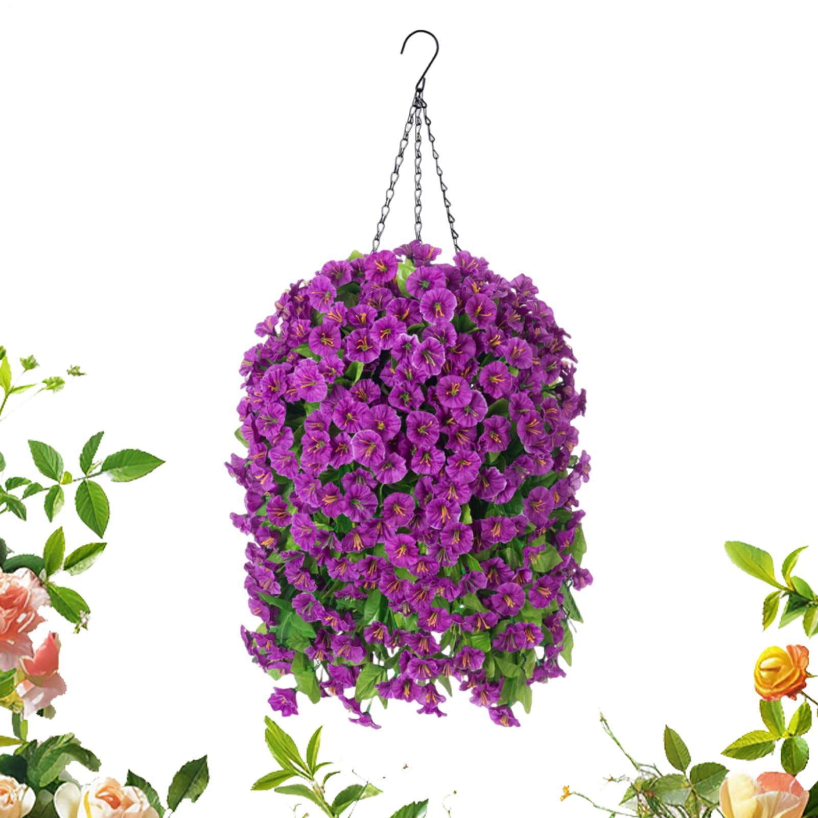 Fleurs artificielles pour extérieur de 94 cm avec panier suspendu antirouille