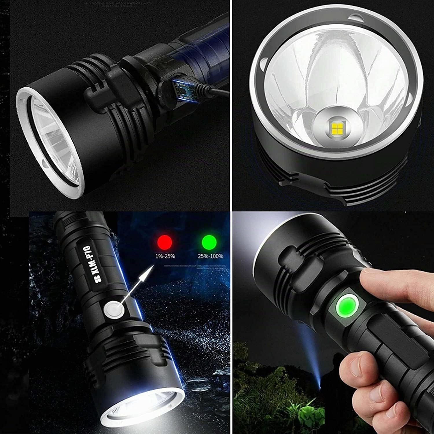 XLM-P70 Lampe Torche LED,30000-100000 Lumens Lampe de Poche Militaire Tactique Ultra Puissante Étanche Torche,Lampe Torche Rechargeable USB (50W-XLM-70, Double batterie), (P70/L2)