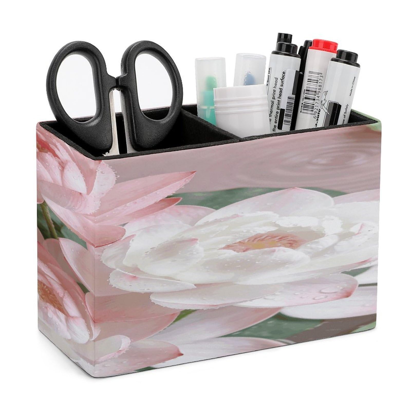 LZQPOEAS Pink And White Lotus Flower Pen Holder Double Compartments Pen Cup Makeup Brush Holders Leather Pencil Holder Locker Organizer for Work Locker Accessories Modern Pencil Cup for Desk