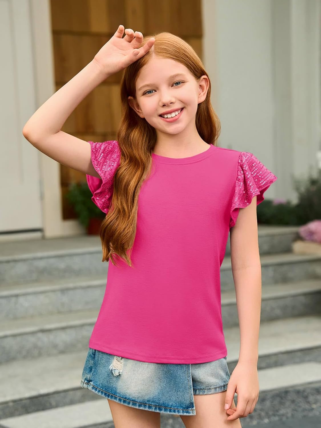 Haloumoning Girls Ruffle Short Sleeve T Shirts Sequin Casual Cute Crewneck Tops Blouses 5-14Y - Image 2