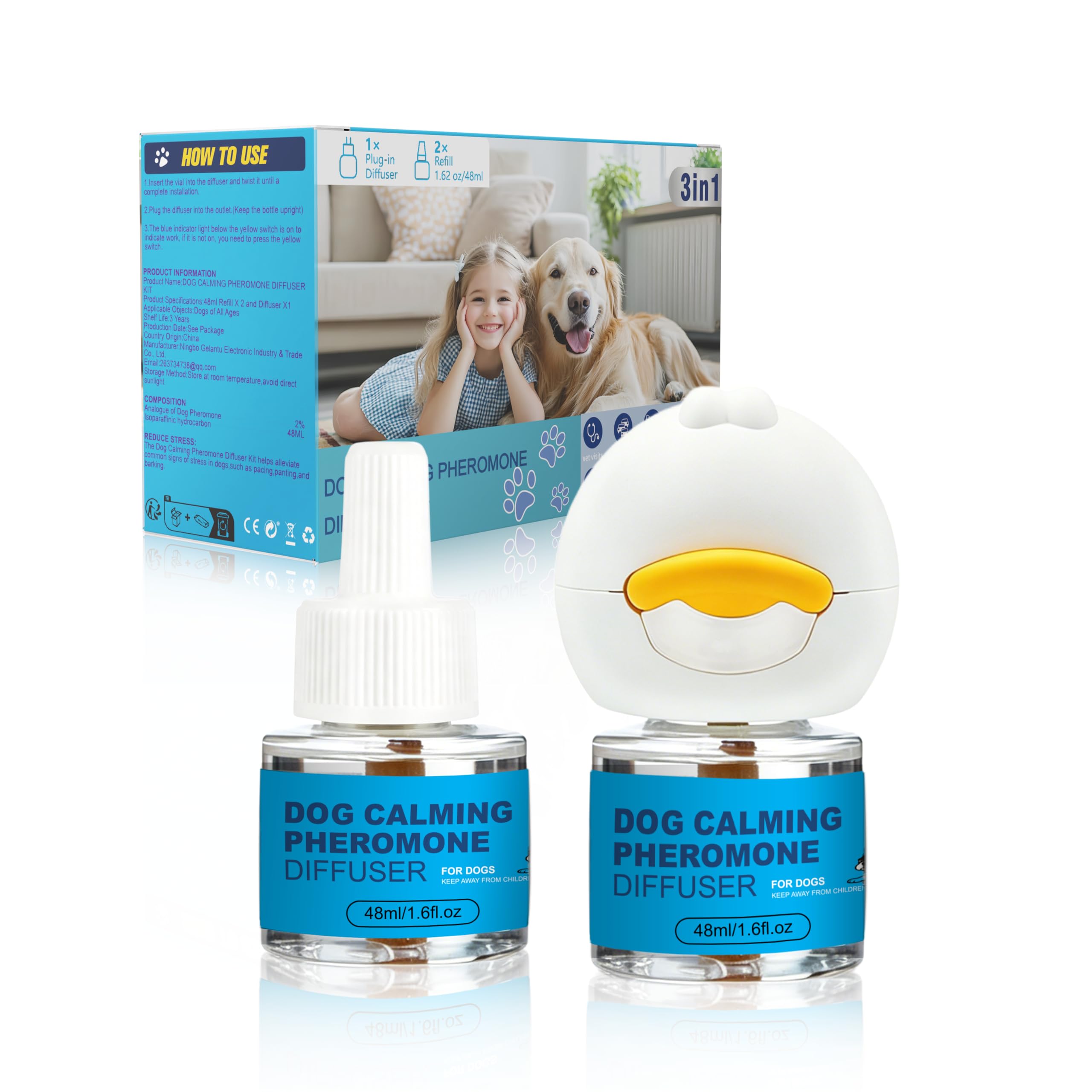 Diffuseur de Phéromones Apaisant pour Chien, Kit 1 Diffuseur + 2 Recharges 48ML, Anti-Stress et Anti-Anxiété, Réduit Aboiements et Comportements Destructeurs, Effet Continu Jusqu’à 60 Jours, Couvertur