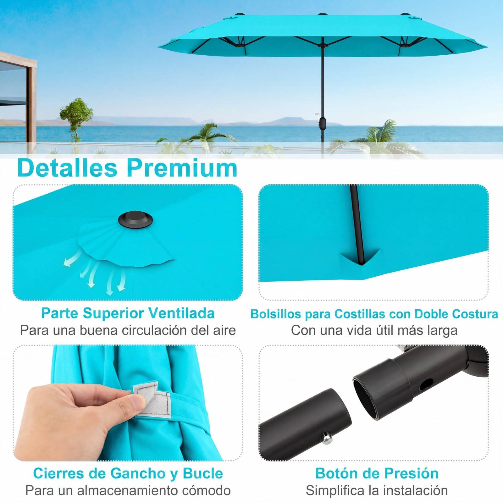 GOPLUS 4x2m Sombrilla Doble Terraza Exterior con Base, Parasols Jardin Grandes con 12 Varillas, Manivela, Protección Solar, Sombrilla Rectangular para Terraza, Piscina, Playa(Turquesa, 4x2 m)