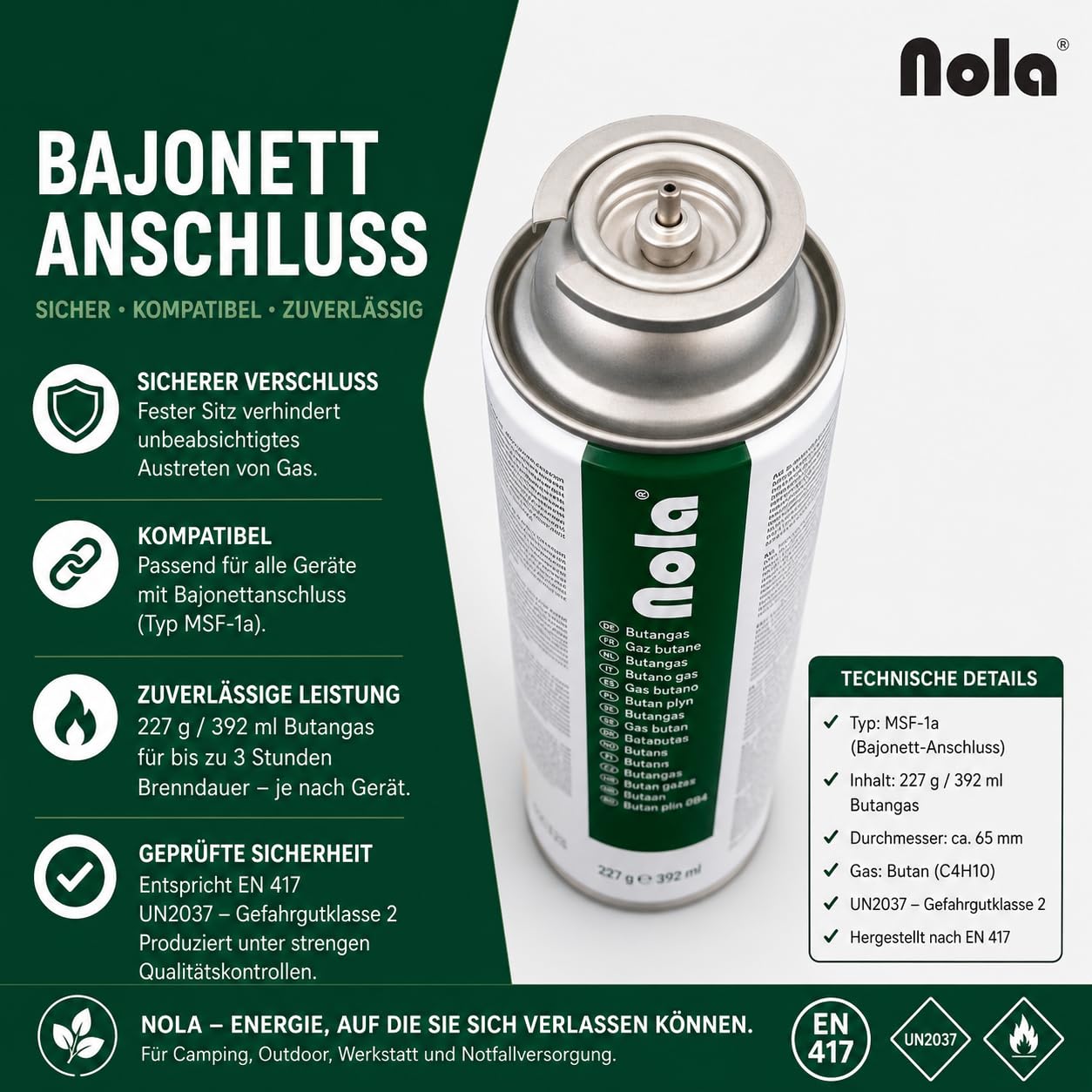 NOLA Lot de 8 cartouches de gaz butane - 227 g - Avec valve (baïonnette) - Cartouches de gaz universelles pour réchaud de camping, chauffage au gaz, désherbeur et appareils d'extérieur - Article 707