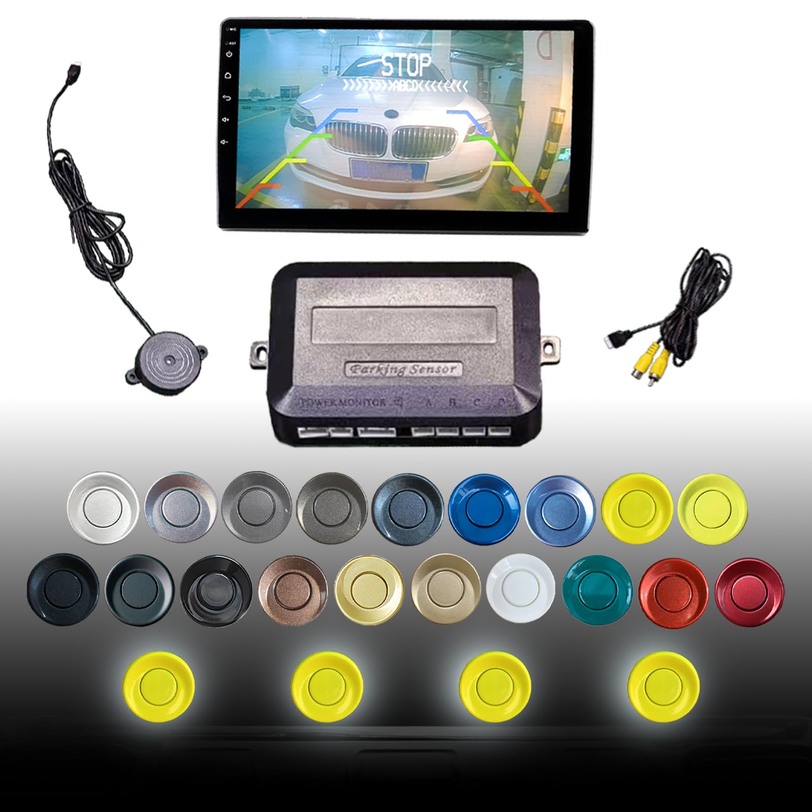 Parking Sensor Kit LCD - Displays Data on Original Screen, Easy Rear Installation, Compatible with All Camera Formats (AHD, CVBS), 20 Probe Colors to Match Any Vehicle（Yellow）