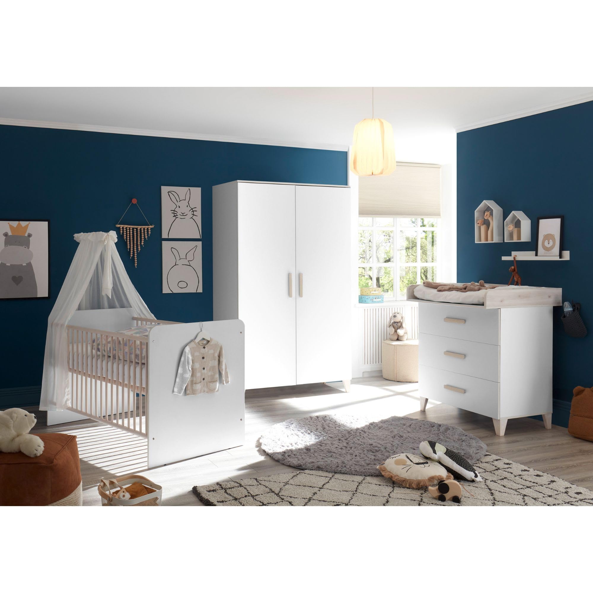 Stella Trading PRIZZI Complet Aspect Ensemble de Meubles pour Chambre 3 pièces composé d'une Armoire, d'un lit de bébé et d'une Commode à Langer, Bois, Blanc/Aurum, Komplett-Set 2