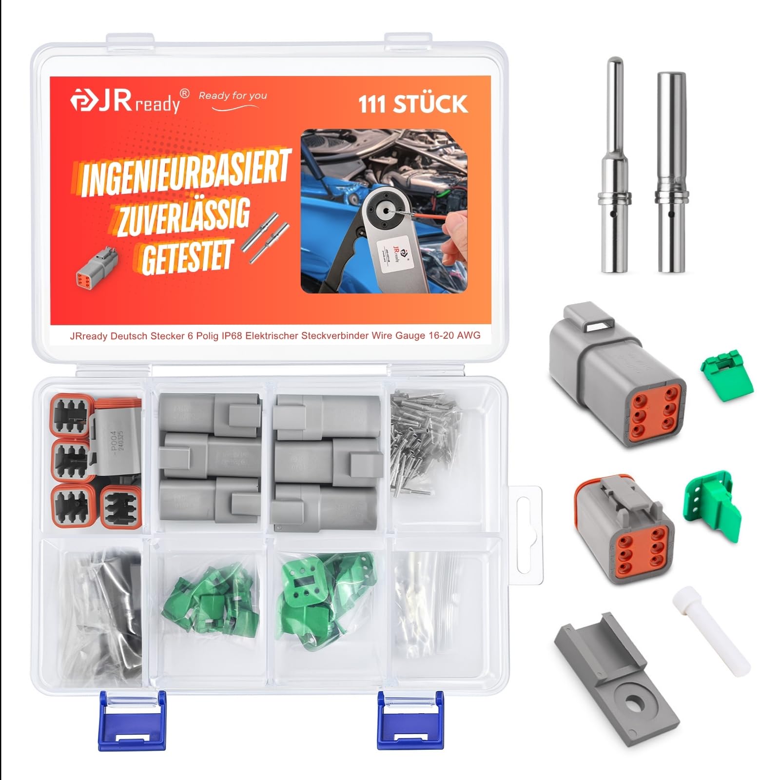 JRready Connettore Deutsch a 6 Poli Grigio IP68 Impermeabile Connettore DT Kit 6 Set con Kit di Terminali Deutsch, Calibro di Filo 16-20 AWG Per Auto, Moto, Camion, Barche