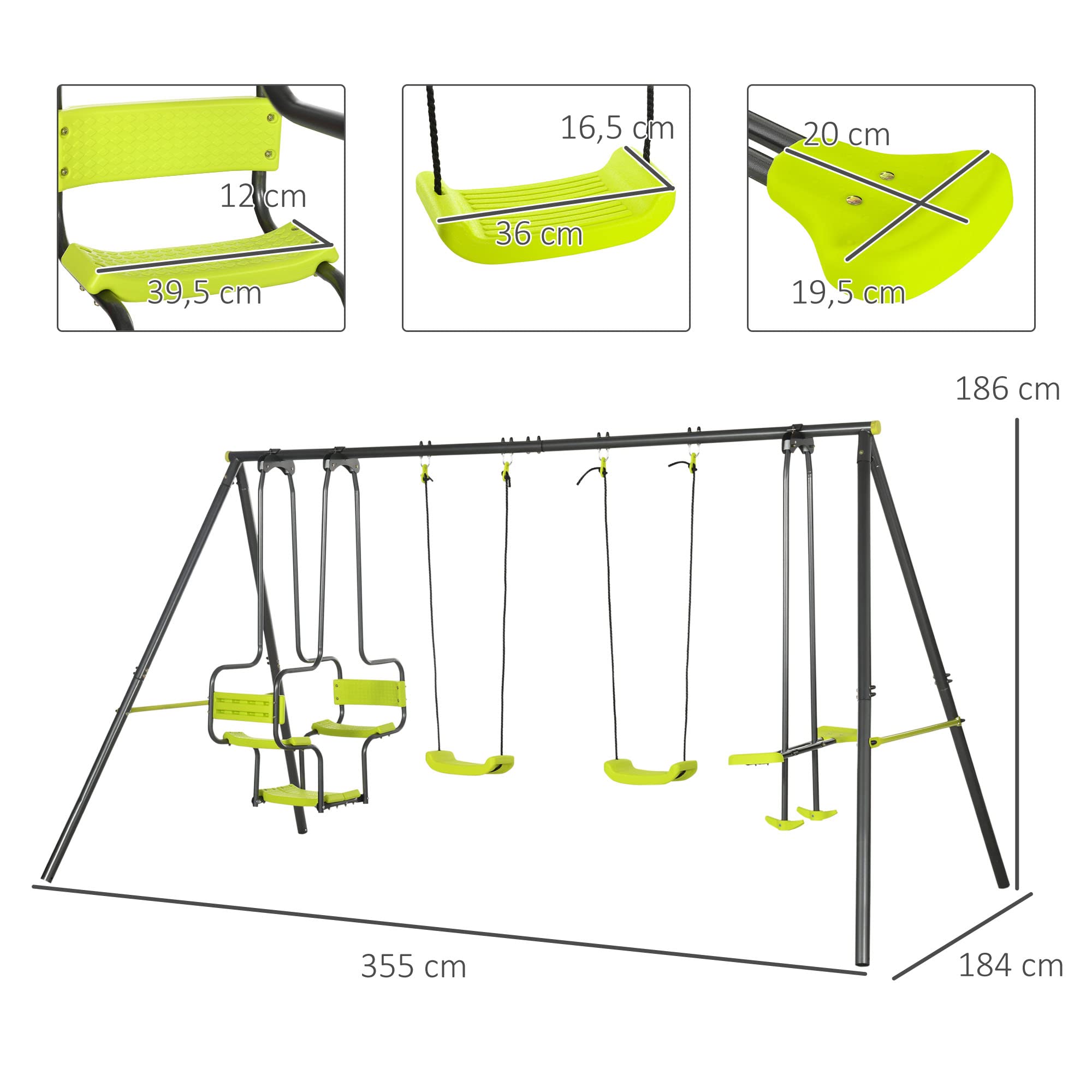 Outsunny Juego de Columpio Infantil Exterior 355x184x186 cm Verde | 2 Columpios, Asientos Abatibles, Balancín, Marco de Acero, para Niños de 3-8 Años, Parque Infantil Exterior