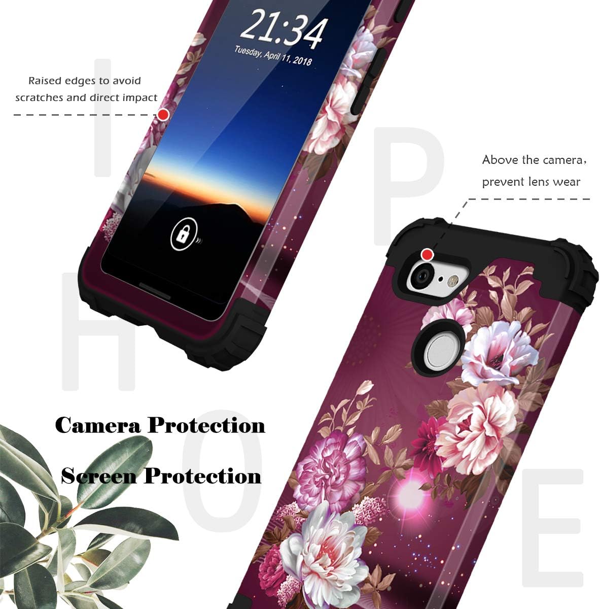 Hocase Pixel 3 Case, Shockproof Heavy Duty Protection Hard Plastic+Silicone Rubber Case Hybrid Dual Layer Protective Phone Case for Google Pixel 3 2018 w/ 5.5" Display - Burgundy Flowers