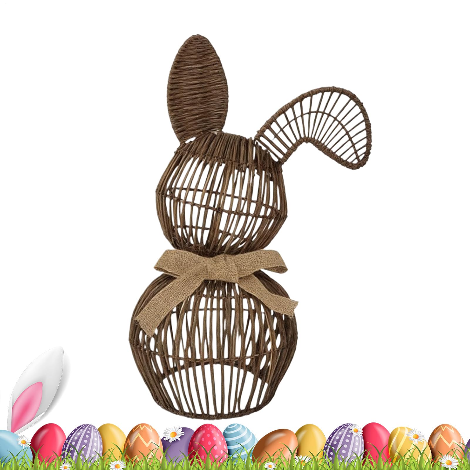 Décoration de lapin ornement de table en rotin artificiel rustique avec nœud pour maison