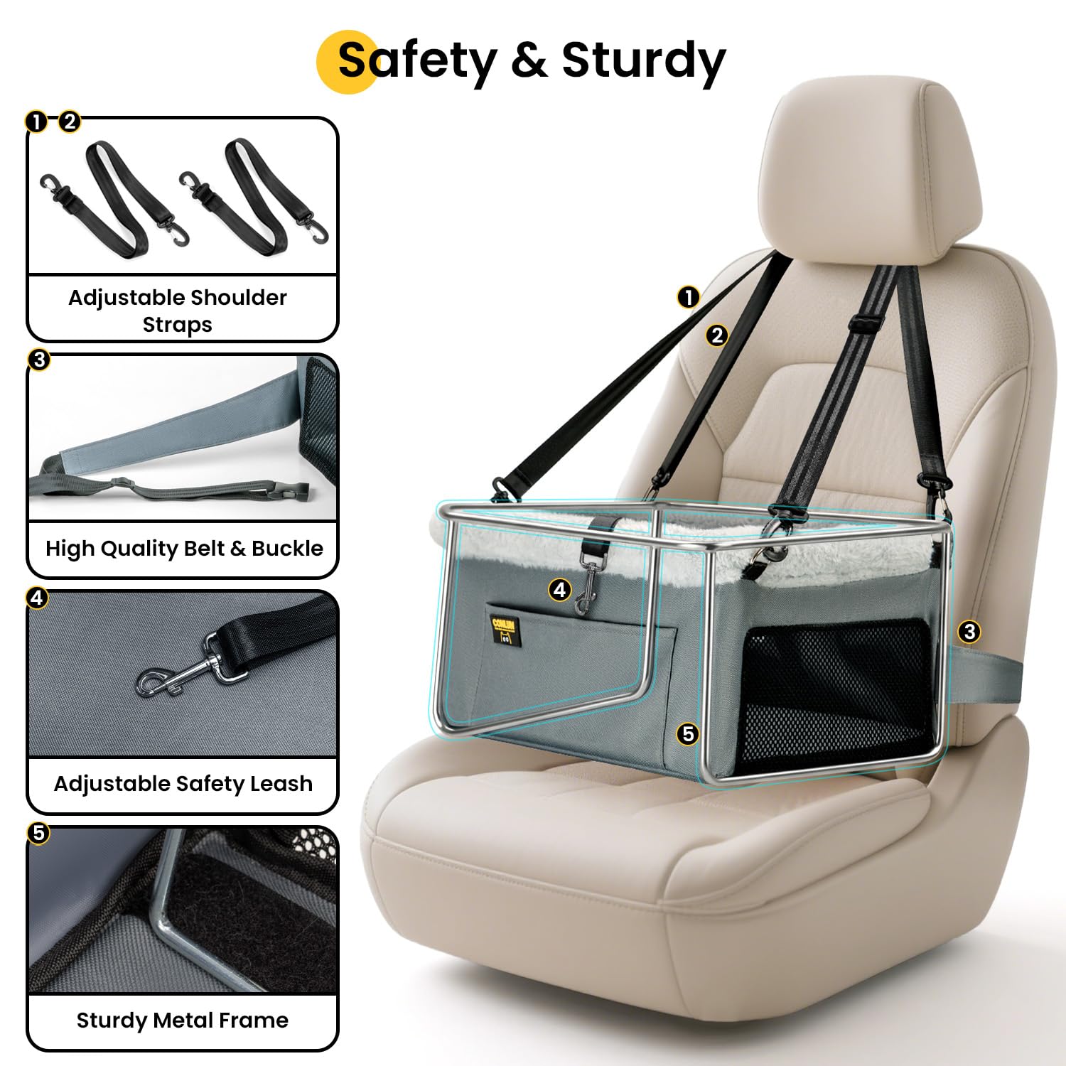 Conlun Dog Car Seat Booster for Small Pet Under 20lbs, Portable Travel Puppy Car Seat with Internal Steel Frame, Comfort Cushion & Storage Pockets, Adjustable Straps Fit Most Cars, Grey - image 4