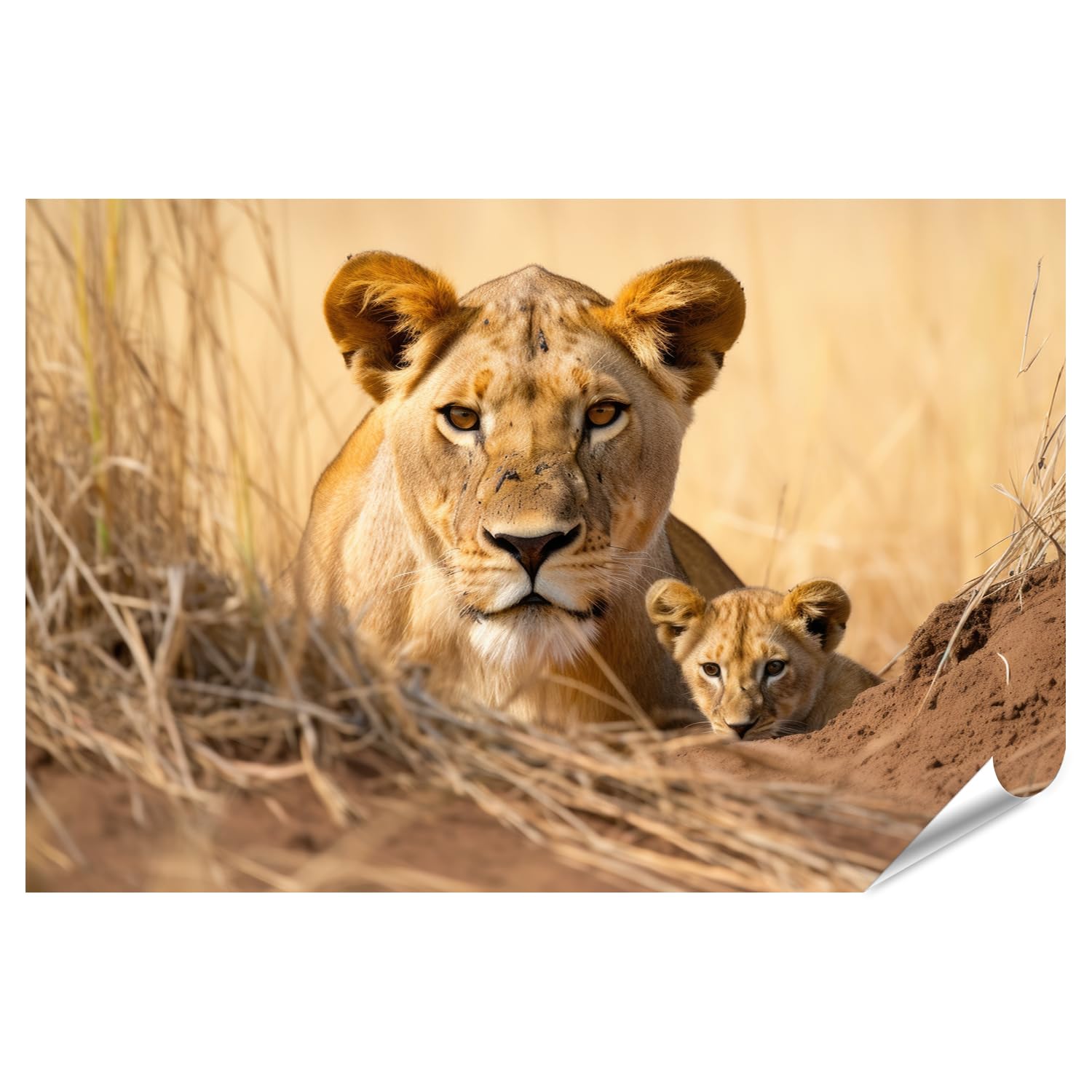 islandburner Prime XXL - Póster de leona que protege a tus jóvenes, sabana prémium, fotos fotográficas