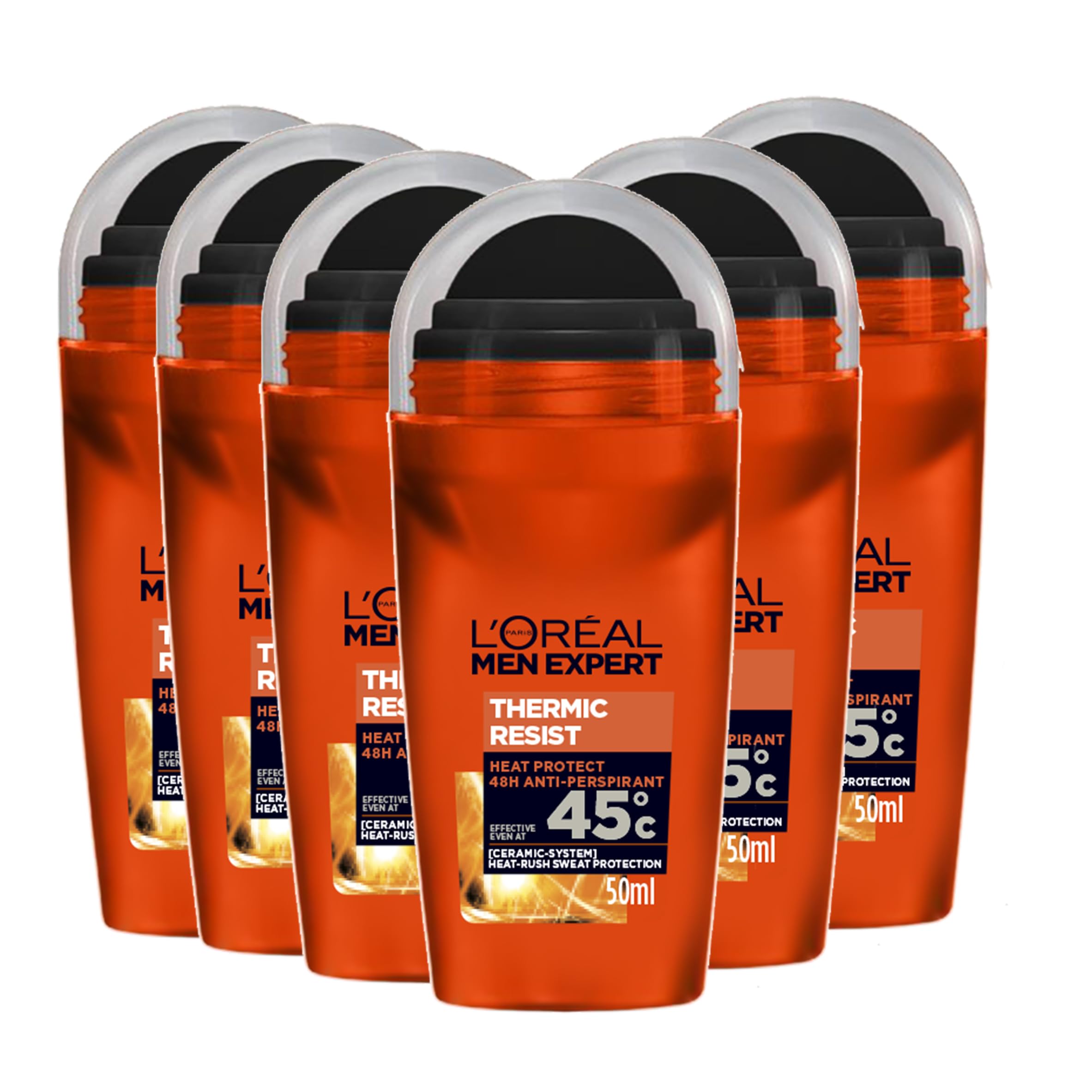 L'Oréal Paris Men Expert 48H Thermic Resist Anti-Perspirant Roll On Deodorant for Men, 50ml Pack of 6, Bulk Buy