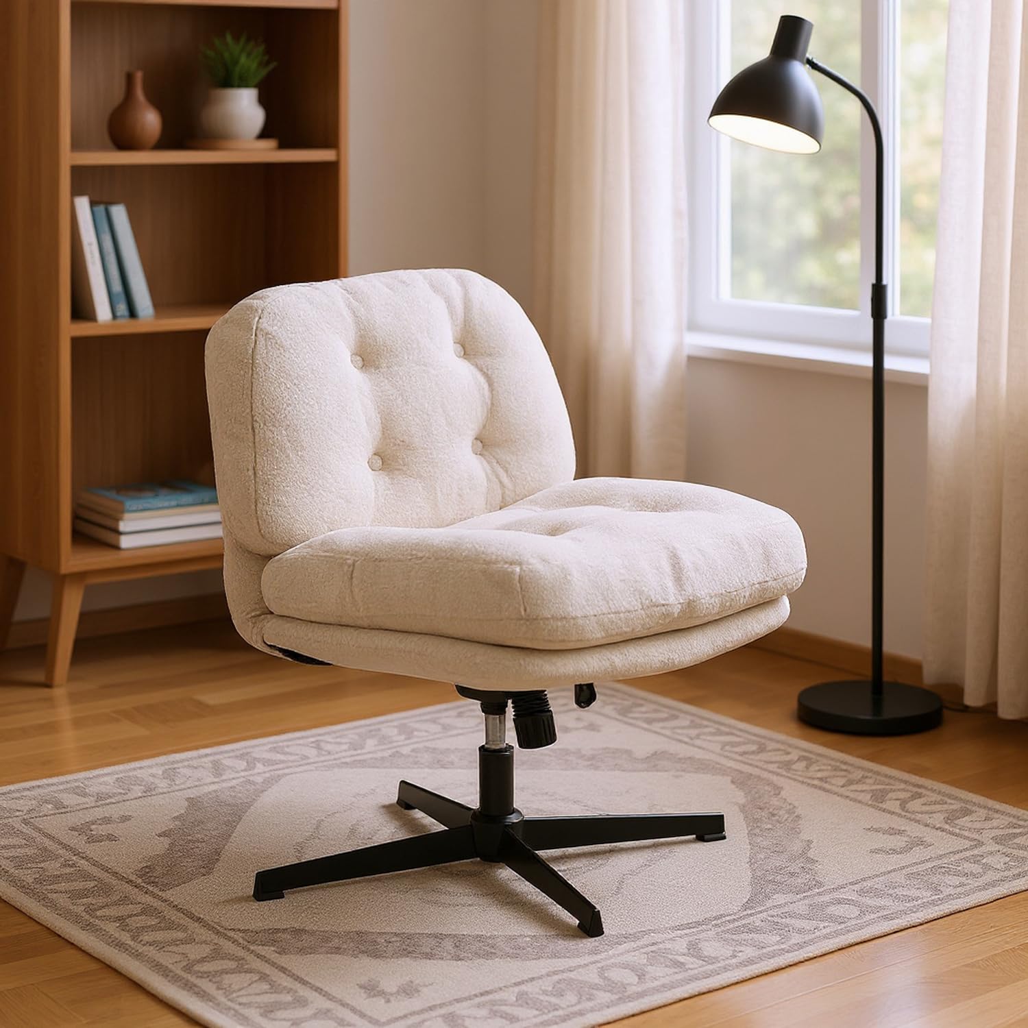 MEUBLE Cosy Sillón Giratoria 360° Butaca de Salón Función de Inclinación Silla Altura Ajustable con Asiento Grueso Respaldo sin Reposabrazos Ruedas en Tela de Bucle Blanco