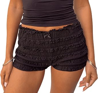 Women Y2k Ruched Lace Micro Shorts Low Rise Frill Ruffle Mini Shorts Cute Lolita Bloomers Boyshorts