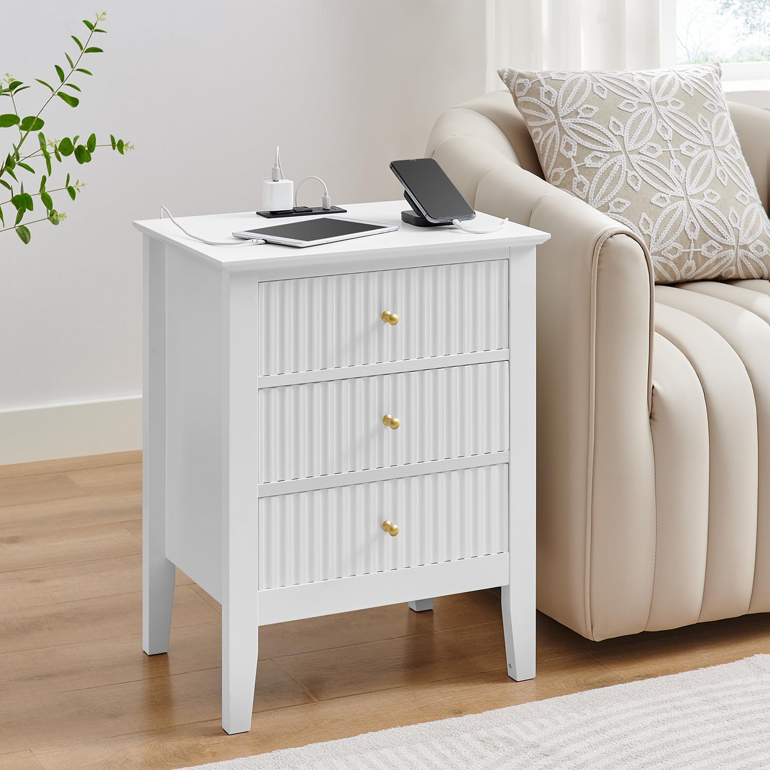 OCANDO White Bed Side Table with Charging Station and USB & Type-C Ports, Bedroom Nightstand 24" H,Vintage Modern Night Stand with 3 Drawers 19" W,Living Room Fluted End Bedside Tables White 3 Drawer with USB