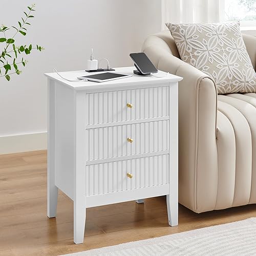 Miniatura 10 de OCANDO Mesita de noche negra acanalada de 19 pulgadas, 3 cajones, mesa auxiliar de cama para sala de estar pequeña, armario de almacenamiento Negro