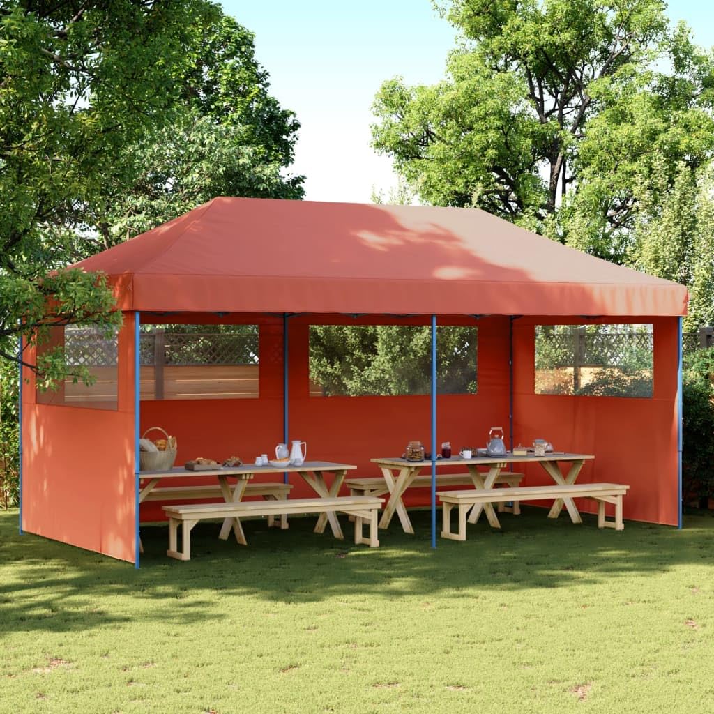 Markiza Pop-Up 3 ścianki terakota 580 x 292 x 315 cm | Rama stalowa malowana proszkowo, przezroczyste okna, w zestawie 12 śledzi i 6 lin