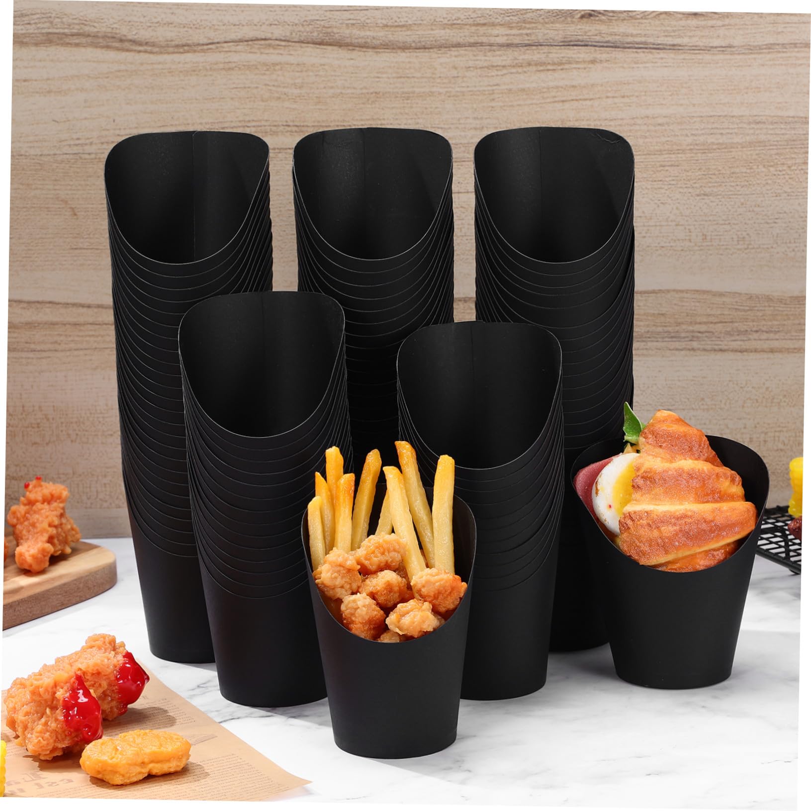 VANZACK 100 pezzi Bicchieri di Carta da 14oz con Apertura Obliqua per Patatine Fritte e Snack Contenitori Resistenti per Feste ed Eventi Neri 100 Pezzi