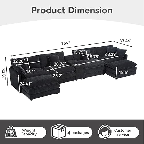 Miniatura 2 de Sofá modular de gran tamaño, 159 pulgadas, moderno sofá modular grande de 6 plazas en forma de U con otomana, cómodos sofás de nube con portavasos y