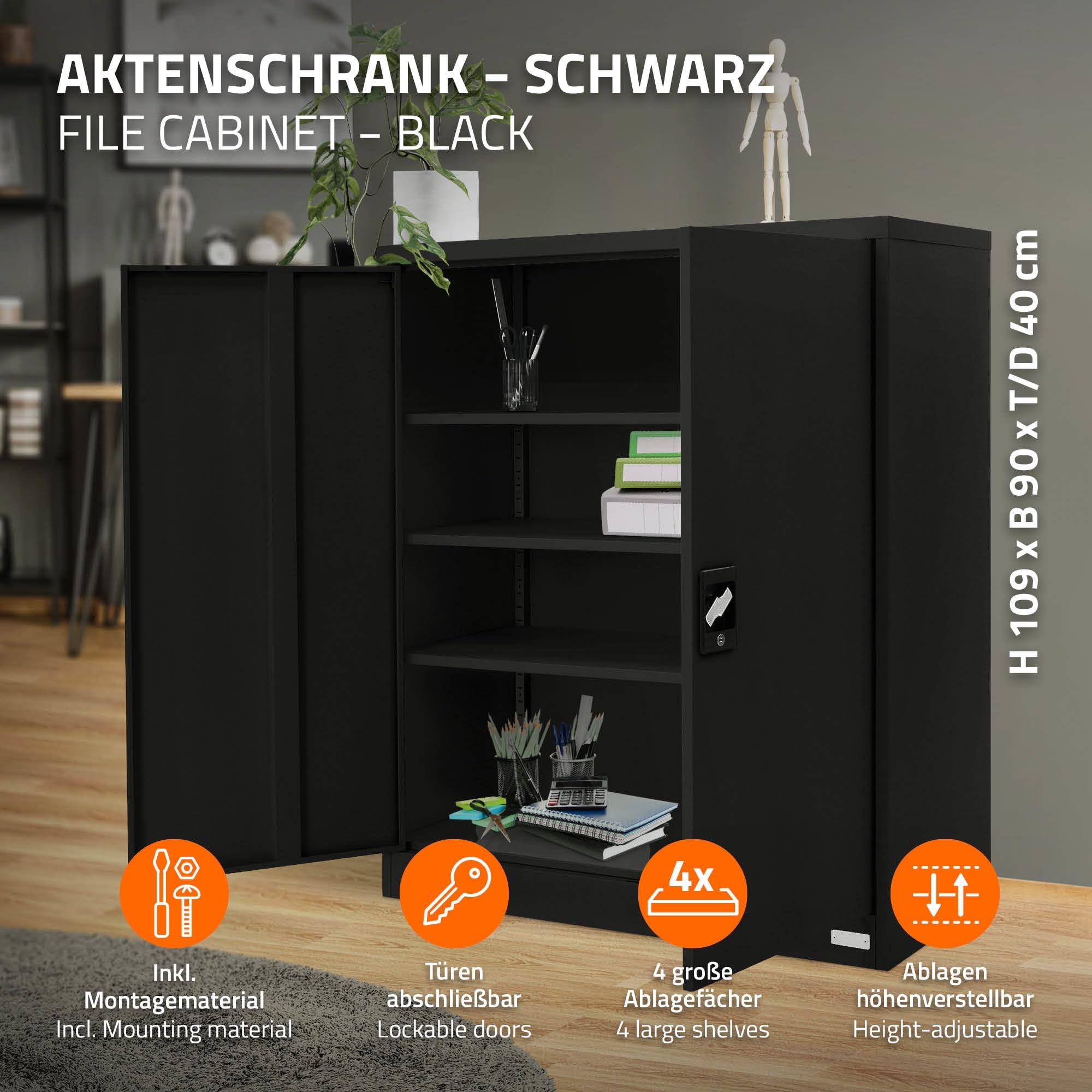 ML-Design Armadio per Archiviazione con Serratura Nero 90x40x109 cm Acciaio Schedario 3 Ripiani Regolabili in Altezza Armadio per Ufficio a 2 Ante Mobiletto Portadocumenti Armadietto Schedario