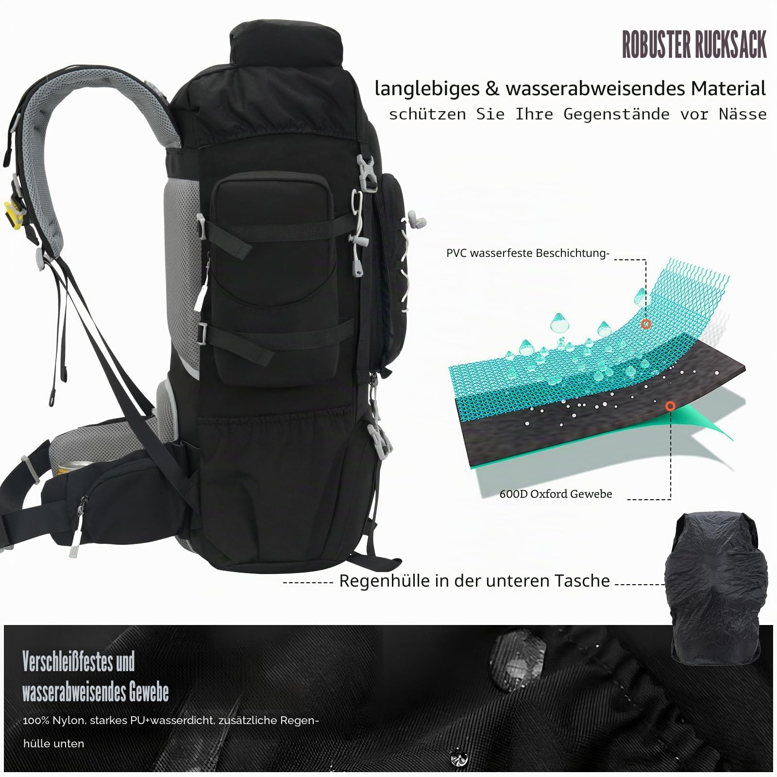Bseash 70L (65+5) Wasserdichter Wanderrucksack mit Regenschutz, Outdoor-Sport, Reisen, Tagesrucksack für Klettern, Touren (Schwarz)