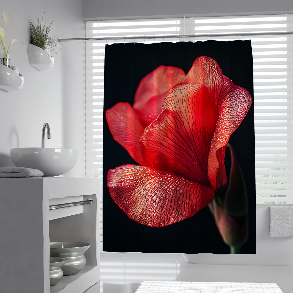 UIRINGART Bold Red Floral Shower Curtain W200xL200cm Large Flower Petal Water Drop Dark Background Pattern Water Repellent Bath Curtains Rustproof Grommets Home Hotel Decor