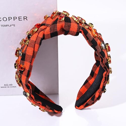 Miniatura 5 de Diadema de Halloween para mujer, diadema anudada de cristal con diamantes de imitación, adornada naranja y negro, diadema con nudo superior a