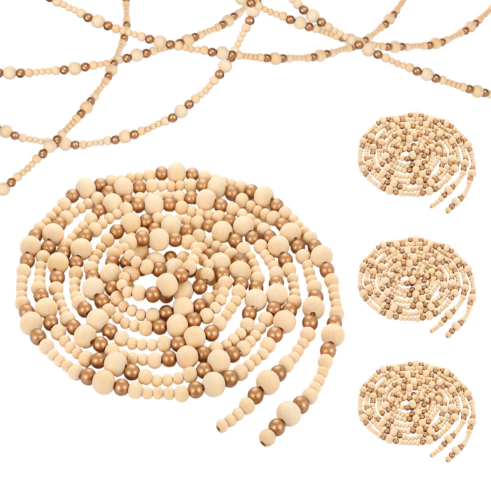 Lot de 4 guirlandes de perles en bois à suspendre pour sapin de Noël - 22 m - Blanc et doré - Décoration de Noël rustique - Décoration d'intérieur pour table, mur, vacances, cheminée