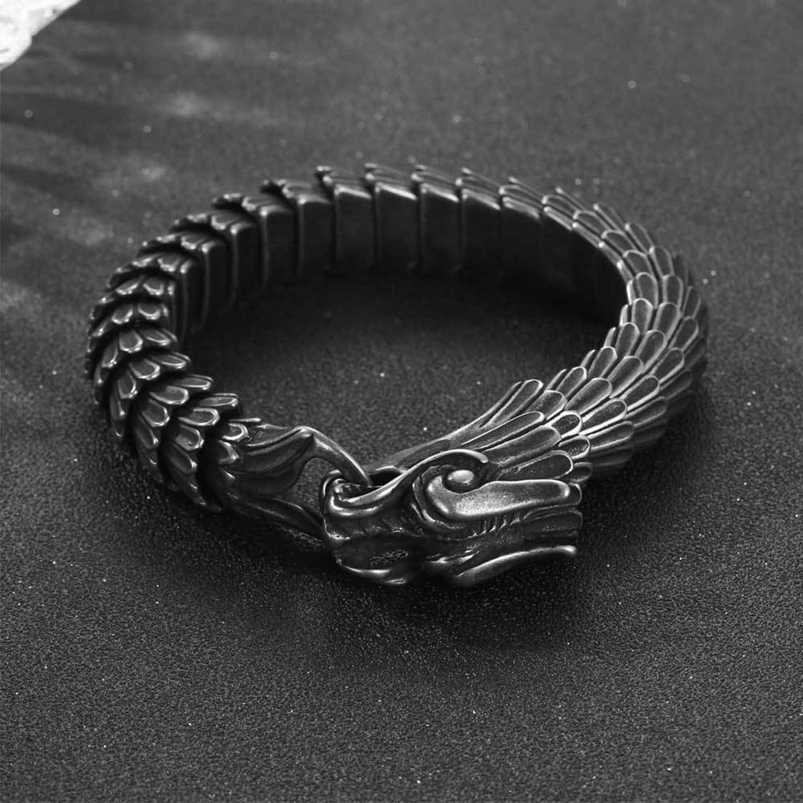 Bracelet Homme Dragon Noir Acier Inoxydable, Chaîne Large 15.2mm Punk Fantaisie