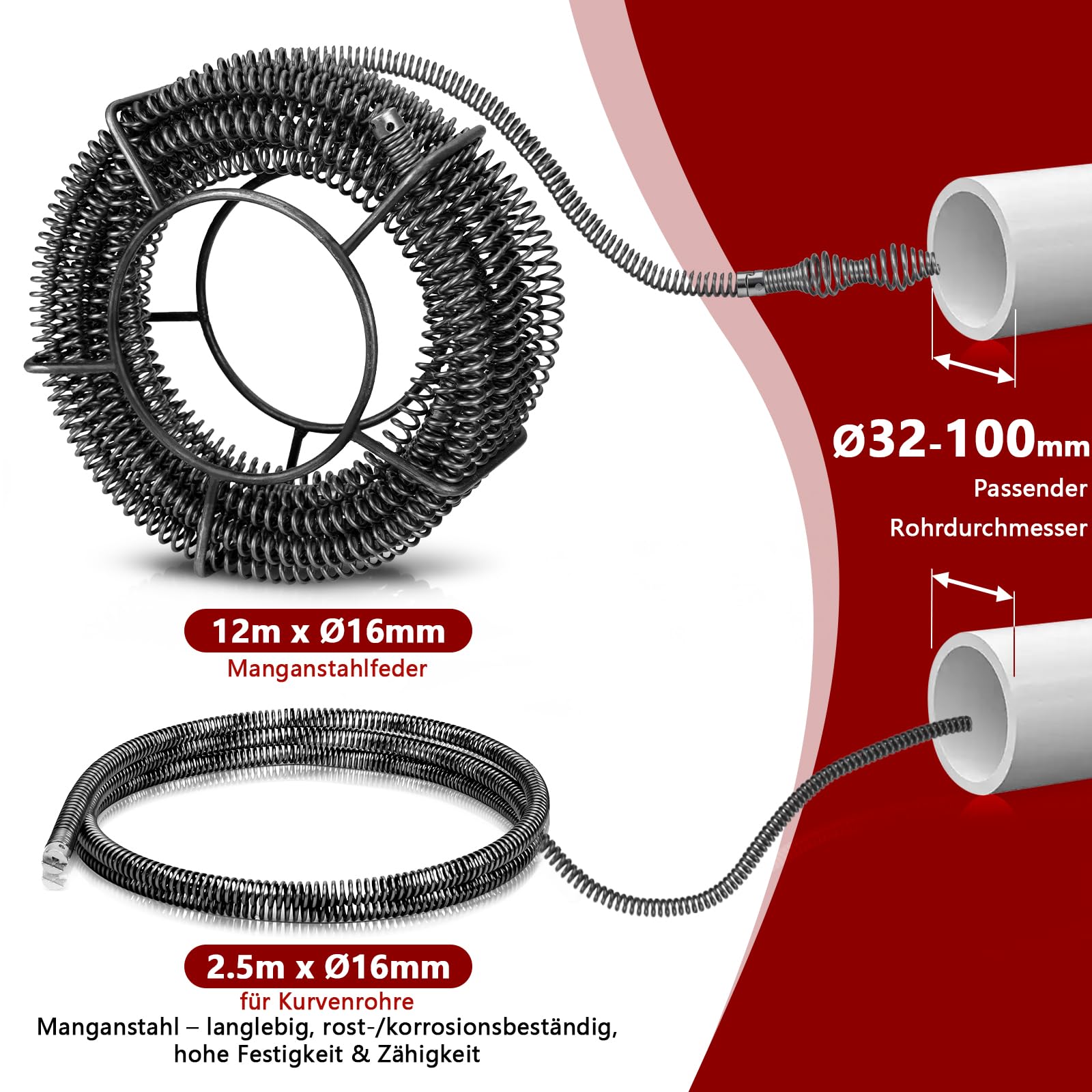 850W Rohrreinigungsmaschine für 20-200mm Rohrleitungen 12 Köpfe 450U/M | Spirale14m Ø22mm + 14.5m Ø16mm + 5m Ø10mm, Elektrischer Rohrreinigungsspirale Abflussreiniger Rohrbiegegerät Rohrreiniger